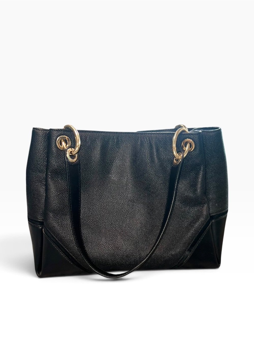 Michael Kors Black Leather Tote Shoulder Bag Gold Hardware MK Charm - Picture 7 of 14